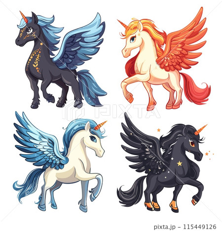 Cartoon pegasus. Fantasy cute pony baby flying horse with wings and horn, magic dream mythology fairy tale creature unicorn magical horses mascot vector illustration 115449126