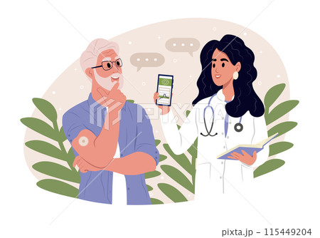 A doctor uses a continuous glucose sensor on the arm of an elderly man to improve diabetes control. The doctor shows a phone that displays a blood sugar analysis on a smartphone app. 115449204