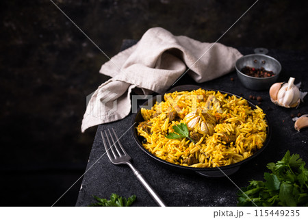 Pilaf, rice with vegetables and lamb meat 115449235