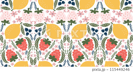 Cheerful seamless pattern featuring illustrations of white strawberries, raspberries, lemons, blackberries, pink flowers, and green leaves, arranged in a playful, diamond-shaped design. Cheerful seamless pattern featuring illustrations of white strawberries, raspberries, lemons, blackberries, pink flowers, and green leaves, arranged in a playful, diamond-shaped design. 115449246