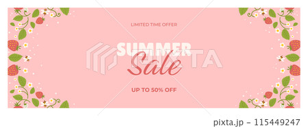 Lively summer sale banner with a pastel pink background, decorated with strawberries, white flowers, green leaves, and buzzing bees. Central text showcases a limited time offer with discounts 115449247