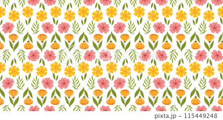 Continuous design pattern with floral elements. Botanical-inspired recurring fabric or wallpaper design with orange flower on stem with leaf, yellow flower, cherry blossom, and leaves. 115449248