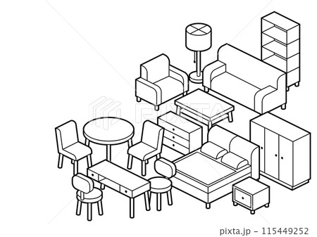 Home furniture isometry background. Domestic and office furniture and equipment. 115449252