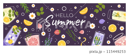 Colorful summer horizontal banner with citrus and berry drinks, mint and floral garnishes, dark background. Text Hello Summer is surrounded by scattered daisies, leaves, and fruit slices 115449253