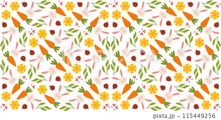 Spring Easter pattern with flowers, bunnies, and carrots in a cute, hand-drawn vector style. Ideal for textiles, packaging, and festive decorations. 115449256
