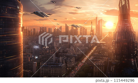 a futuristic cityscape, with towering skyscrapers and flying cars. 115449296