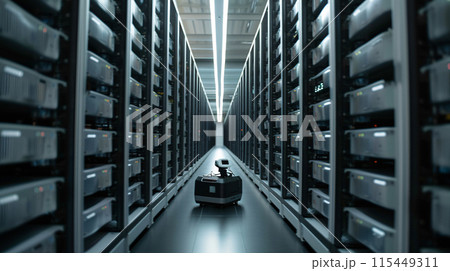 a server room, with rows of servers where humanoid and non humanoid robot performing maintenance. a server room, with rows of servers where humanoid and non humanoid robot performing maintenance. 115449311