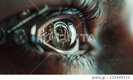 close up of a bionicaly enhanced eye with reflections  115449353