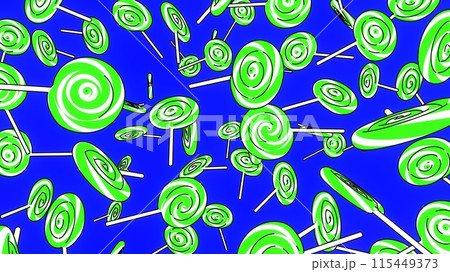 Toon green lollipops on a blue chroma key backgrou 115449373