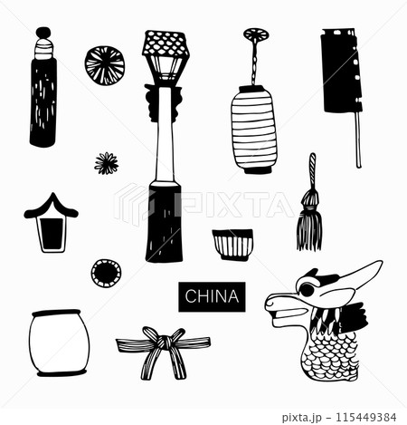 Vector set of doodle elements Chinese characters. 115449384