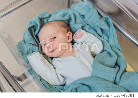 A newborn rests peacefully in his transparent bassinet in the hospital. The clear bassinet provides visibility for medical staff to monitor the baby's well-being while ensuring a safe and comfortable A newborn rests peacefully in his transparent bassinet in the hospital. The clear bassinet provides visibility for medical staff to monitor the baby's well-being while ensuring a safe and comfortable 115449391