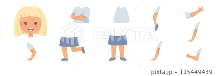 Little Girl Character Constructor with Body Parts and Face Emotion Vector Set Little Girl Character Constructor with Body Parts and Face Emotion Vector Set 115449439
