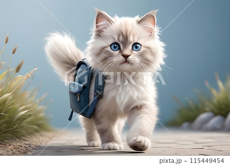 cute cat with a backpack walks along the path 115449454