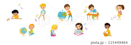 Cute School Boy and Girl Learn Lesson Vector Set 115449464