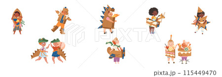 Happy Children in Homemade Cardboard Costume Playing and Having Fun Vector Set 115449470