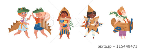 Happy Children in Homemade Cardboard Costume Playing and Having Fun Vector Set 115449473
