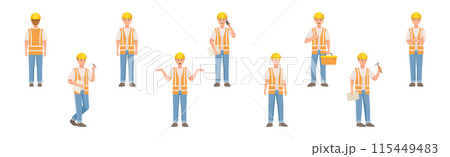 Man Builder Character in Hard Hat and Vest in Different Pose and Gesture Vector Set Man Builder Character in Hard Hat and Vest in Different Pose and Gesture Vector Set 115449483