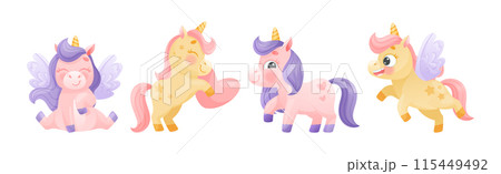 Cute Unicorn with Twisted Horn and Mane Engaged in Different Activity Vector Set 115449492