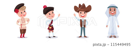 Funny Kid Boy Wear National Costume and Dress Vector Set Funny Kid Boy Wear National Costume and Dress Vector Set 115449495