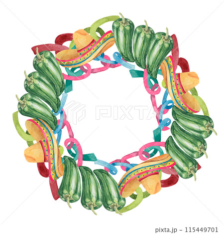 Round wreath frame with Mexican elements for Cinco de Mayo. Hand drawn jalapano, sombrero and serpentine watercolor clipart. Design in round circle form for cards, invitations, flyers Round wreath frame with Mexican elements for Cinco de Mayo. Hand drawn jalapano, sombrero and serpentine watercolor clipart. Design in round circle form for cards, invitations, flyers 115449701