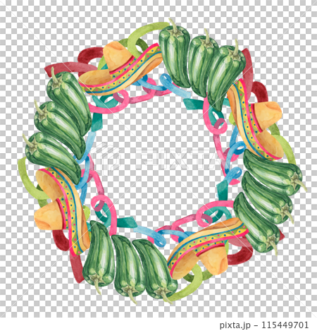 Round wreath frame with Mexican elements for Cinco de Mayo. Hand drawn jalapano, sombrero and serpentine watercolor clipart. Design in round circle form for cards, invitations, flyers Round wreath frame with Mexican elements for Cinco de Mayo. Hand drawn jalapano, sombrero and serpentine watercolor clipart. Design in round circle form for cards, invitations, flyers 115449701