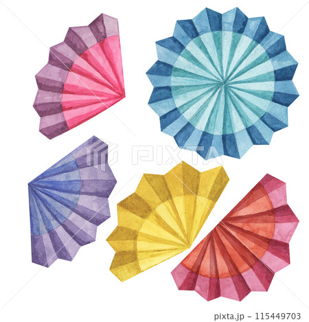 Fiesta flowers set in watercolor. Colorful paper fans for Cinco de Mayo decoration. Celebration designs for packaging, printing, cards, posters. Clip arts isolated on white background. Fiesta flowers set in watercolor. Colorful paper fans for Cinco de Mayo decoration. Celebration designs for packaging, printing, cards, posters. Clip arts isolated on white background. 115449703