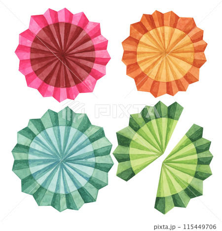 Fiesta flowers set in watercolor. Colorful paper fans for Cinco de Mayo decoration. Celebration designs for packaging, printing, cards, posters. Clip arts isolated on white background. 115449706