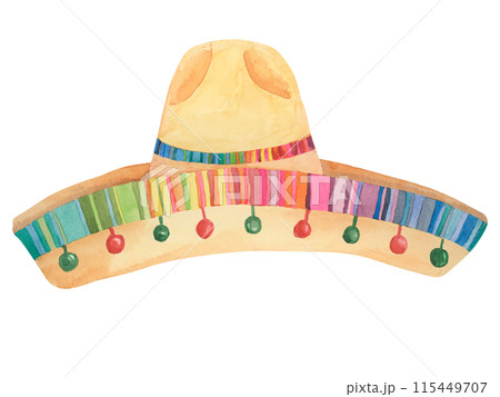 Traditional Mexican sombrero in watercolor. Colorful and bright ethnic straw hat with border. Watercolor clipart isolated on white background. Design for printing, postcards, Cinco de Mayo, tourism 115449707