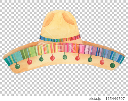 Traditional Mexican sombrero in watercolor. Colorful and bright ethnic straw hat with border. Watercolor clipart isolated on white background. Design for printing, postcards, Cinco de Mayo, tourism 115449707