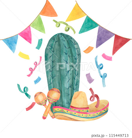 Cactus with sombrero, confetti and maracas. Watercolor illustration of succulent in a hat with music instruments for Cinco de Mayo holiday. Clipart for printing, packaging, design isolated on white. 115449713