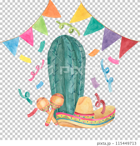 Cactus with sombrero, confetti and maracas. Watercolor illustration of succulent in a hat with music instruments for Cinco de Mayo holiday. Clipart for printing, packaging, design isolated on white. 115449713