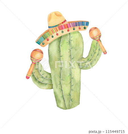 Cactus in sombrero with maracas. Watercolor illustration of succulent in straw hat with music instruments for Cinco de Mayo holiday Clipart for printing, packaging, design isolated on white background 115449715