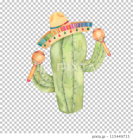 Cactus in sombrero with maracas. Watercolor illustration of succulent in straw hat with music instruments for Cinco de Mayo holiday Clipart for printing, packaging, design isolated on white background Cactus in sombrero with maracas. Watercolor illustration of succulent in straw hat with music instruments for Cinco de Mayo holiday Clipart for printing, packaging, design isolated on white background 115449715
