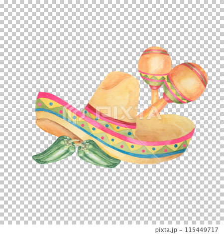 Traditional Mexican sombrero in watercolor. Ethnic hat with maracas and jalapeno. Aquarelle clipart isolated on white background. Design for printing, postcards, Cinco de Mayo, tourism 115449717
