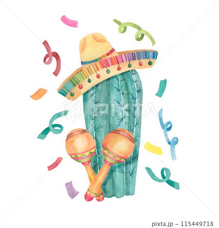 Cactus in sombrero with maracas and confetti. Watercolor illustration of cactus, hat, music instruments for Cinco de Mayo holiday. Clipart for printing, packaging, design isolated on white background. 115449718
