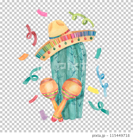 Cactus in sombrero with maracas and confetti. Watercolor illustration of cactus, hat, music instruments for Cinco de Mayo holiday. Clipart for printing, packaging, design isolated on white background. 115449718