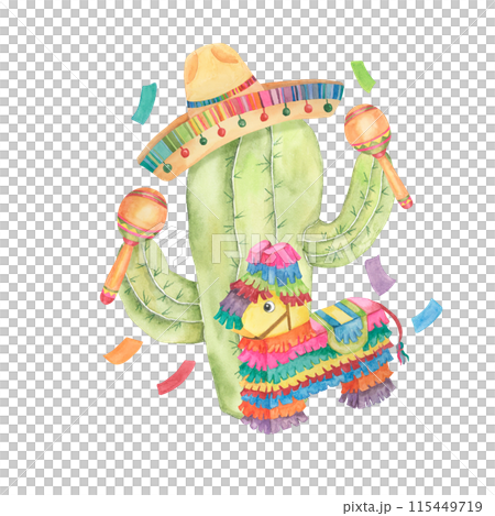 Cactus in sombrero with maracas and pinata. Watercolor illustration of succulent in straw hat with music instruments for Cinco de Mayo holiday. Clipart for printing, packaging, design isolated. Cactus in sombrero with maracas and pinata. Watercolor illustration of succulent in straw hat with music instruments for Cinco de Mayo holiday. Clipart for printing, packaging, design isolated. 115449719