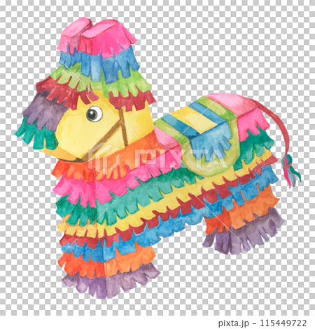 Colorful paper pinata in watercolor. Bright traditional party object designed as donkey with candy. Aquarelle clipart isolated on white background. designs for cards, printing, cinco de mayo Colorful paper pinata in watercolor. Bright traditional party object designed as donkey with candy. Aquarelle clipart isolated on white background. designs for cards, printing, cinco de mayo 115449722
