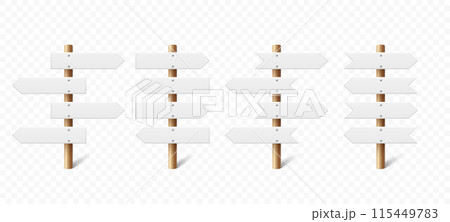 Realistic Sign Post Set. Realistic Blank Road Signboard. Plywood Pointer, Timber, Directional Sign Design Template, Front View. Vector Illustration in 3D Style 115449783