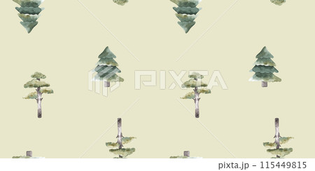Fir Tree, spruce, pine watercolor seamless pattern illustration for kids. Nursery hand drawn green. For textile, fabric, wallpaper, 115449815