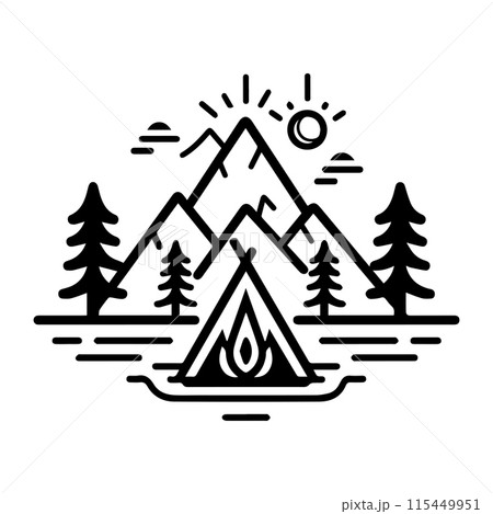 Survival Camping logo or modern line icon. Vector line art and icon design with bold outline. Black and white Pixel Perfect minimalistic symbol isolate white background. Creative logotype Survival Camping logo or modern line icon. Vector line art and icon design with bold outline. Black and white Pixel Perfect minimalistic symbol isolate white background. Creative logotype 115449951