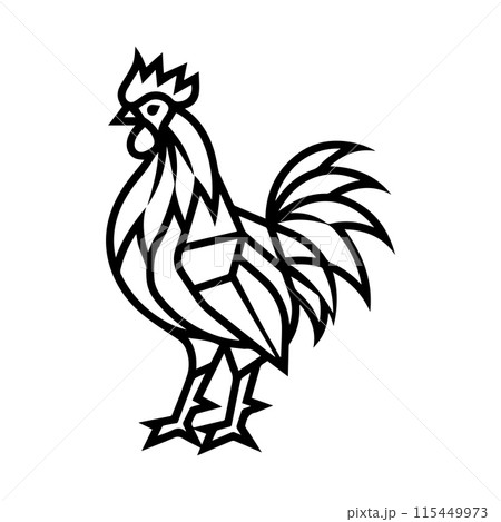 Geometric Rooster logo or modern line icon. Vector line art and icon design with bold outline. Black and white Pixel Perfect minimalistic symbol isolate white background. Creative logotype 115449973