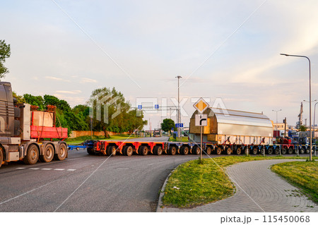 Transportation of oversize very heavy cargo on a very long multi-axle truck trailer 115450068