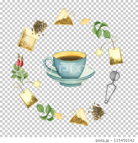 Watercolor illustration. Cup of tea drawn in blue watercolor, tea bags, tea leaves, tea strainer. All products are hand painted with watercolors. For printing on product packaging, menus. 115450142