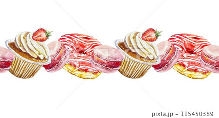 Cakes seamless border. Donut, muffin, macaroon, strawberry. Watercolor illustration isolated on white background Wrapping paper, tape, postcards, menu Cakes seamless border. Donut, muffin, macaroon, strawberry. Watercolor illustration isolated on white background Wrapping paper, tape, postcards, menu 115450389