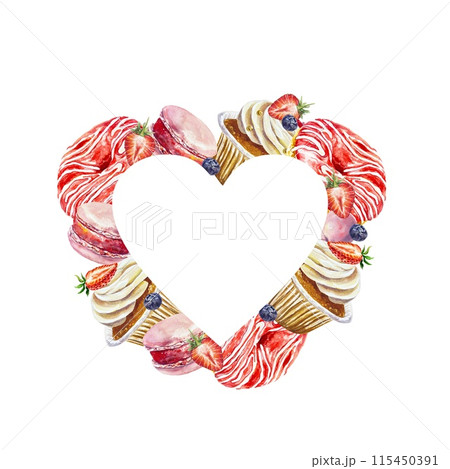 Cakes frame in the shape of a heart. Donut, muffin, macaron, berries. Watercolor illustration on white background. Birthday cards, invitations, labels 115450391