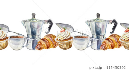 Croissant, coffee maker, muffin, cup, seamless border. Watercolor illustration isolated on white background. Wrapping paper, tape, textiles, menus. Croissant, coffee maker, muffin, cup, seamless border. Watercolor illustration isolated on white background. Wrapping paper, tape, textiles, menus. 115450392