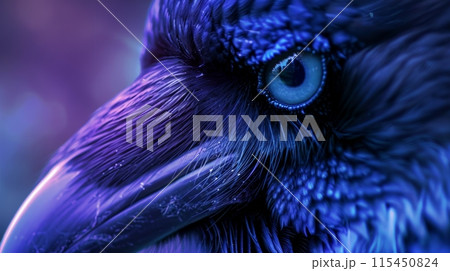 A close up of a blue bird with large eyes and feathers, AI 115450824