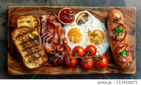A wooden cutting board topped with a variety of breakfast foods, AI 115450875
