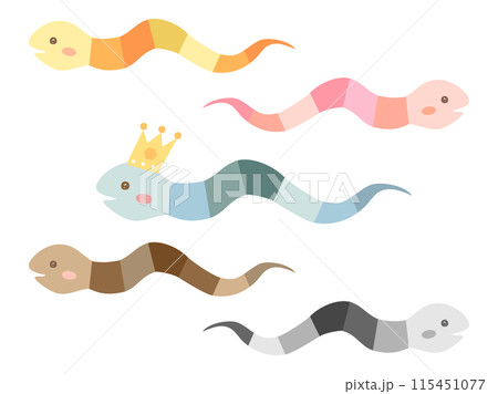 巳年の年賀状などにつかえる可愛い蛇のキャラクターのイラストのセット 115451077